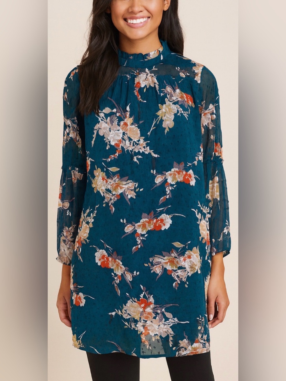 Japna Floral Boho Semi Sheer Mock Neck Bell Sleeve Peasant Dress Size Medium
